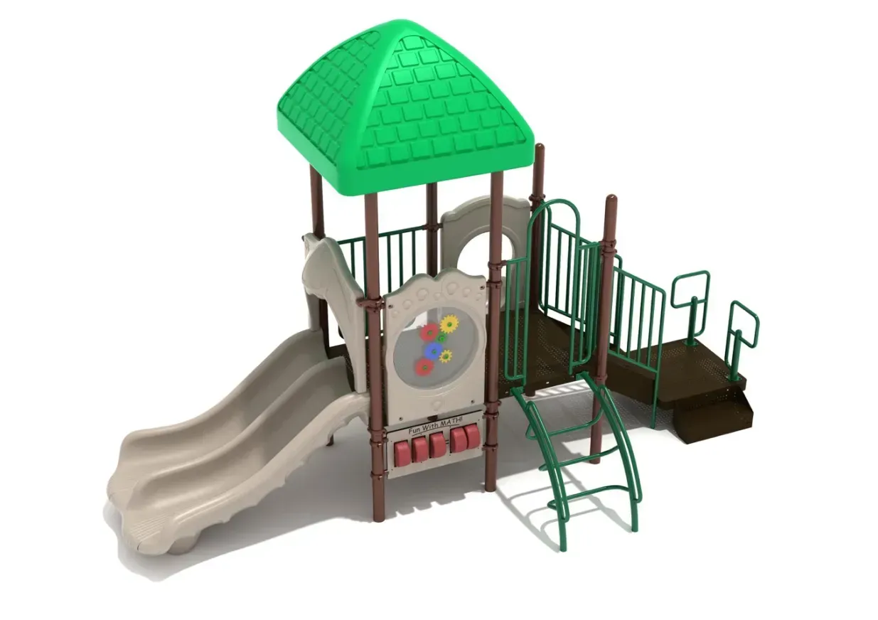 Children’s playground play structure with green roof, gray slides, and climbing steps