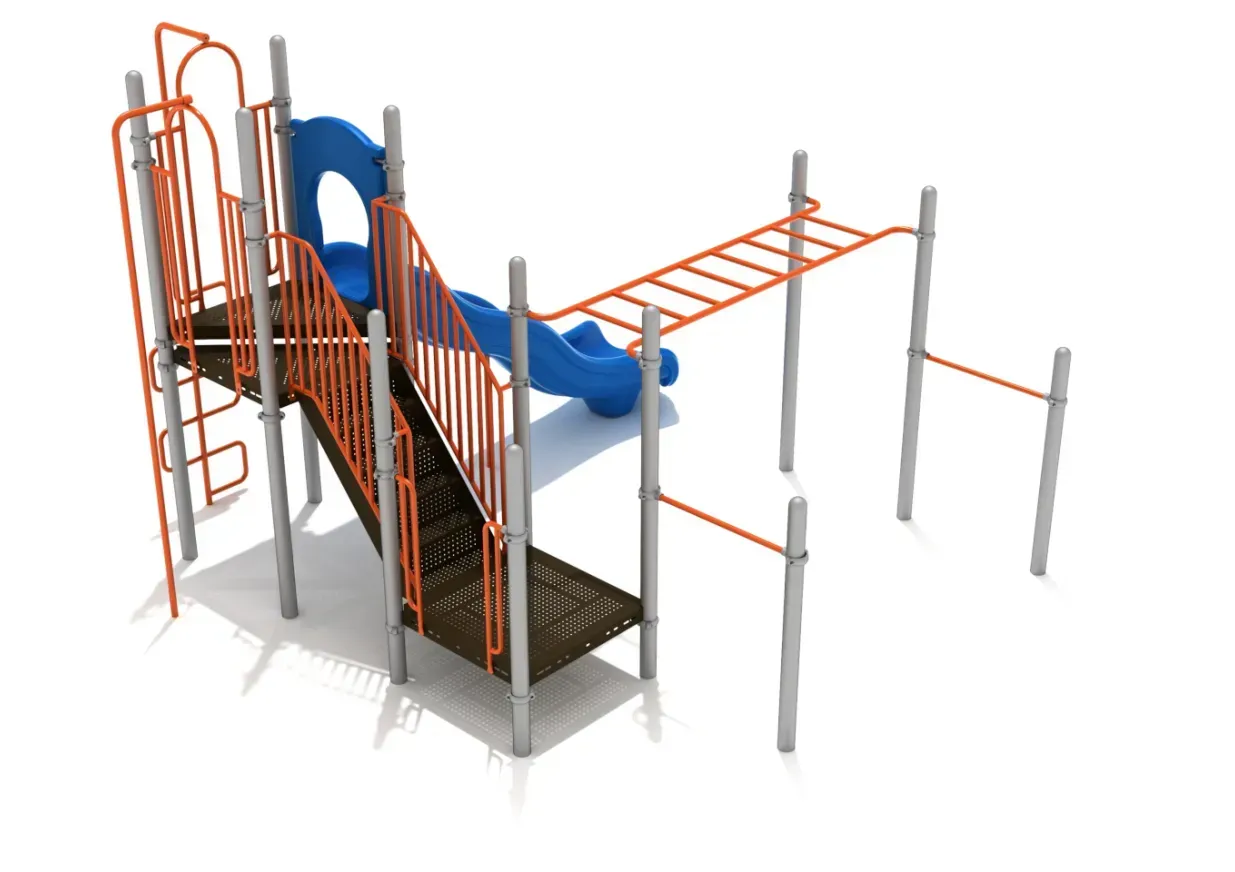 Playground climbing structure with orange rails, blue slide, and rope bridges on white background