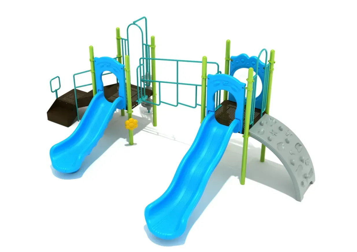 Two blue playground slides with green railings and a gray climbing arch on a white background