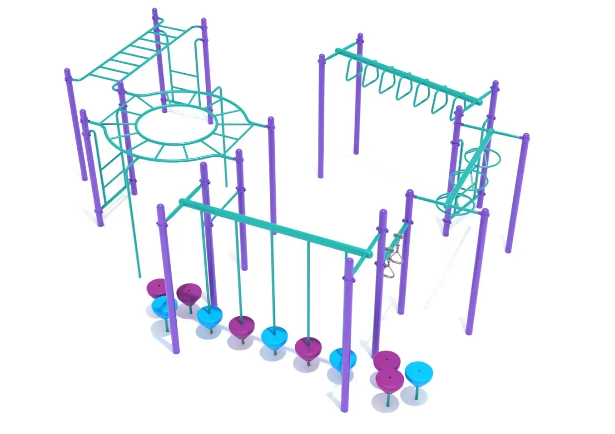 Colorful outdoor playground obstacle course with climbing nets, poles, and balance stepping stones