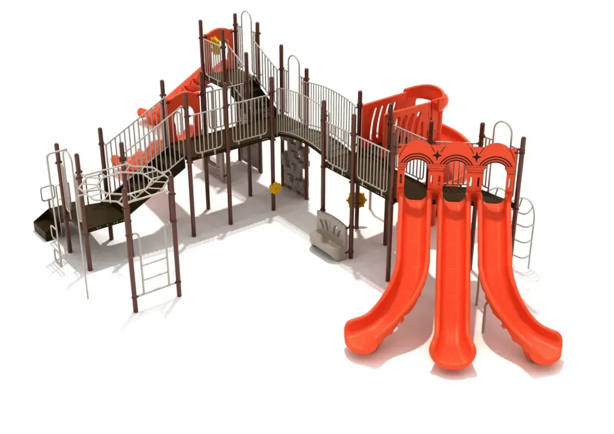 Red and gray playground structure with slides, climbing ladders, and elevated walkways