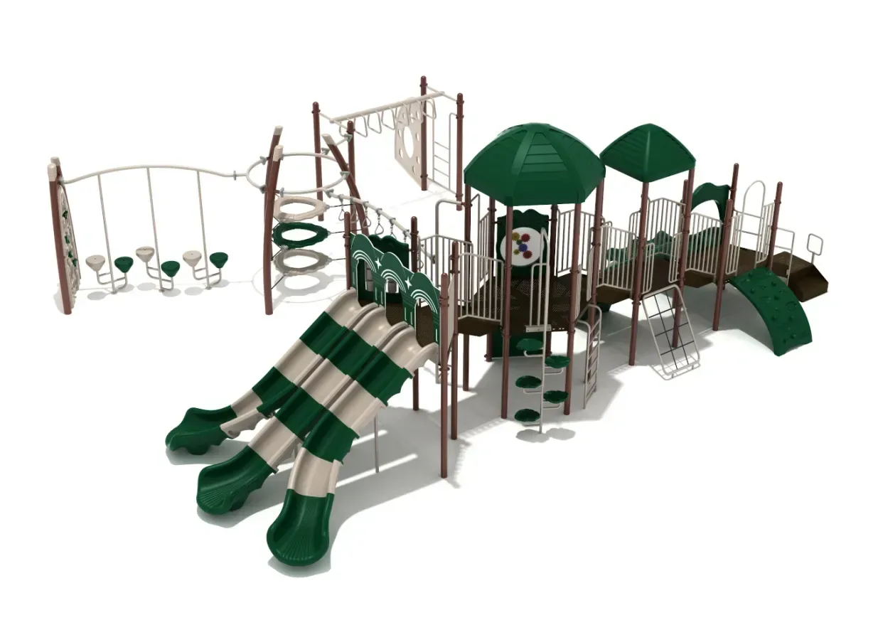 Large green-and-white playground structure with slides, climbing nets, swings, and tunnel features