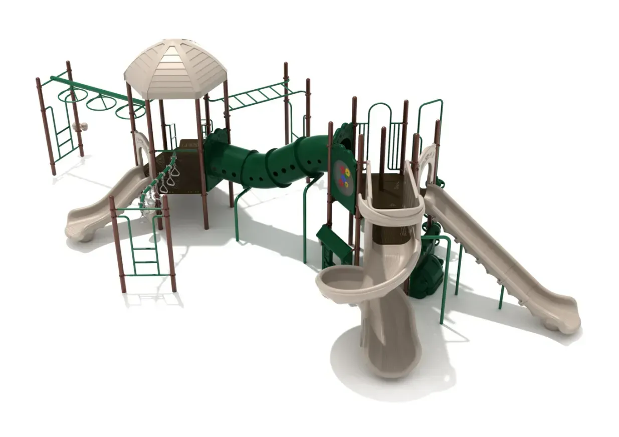 Playground climbing structure with slides, tunnels, and platforms in green and tan