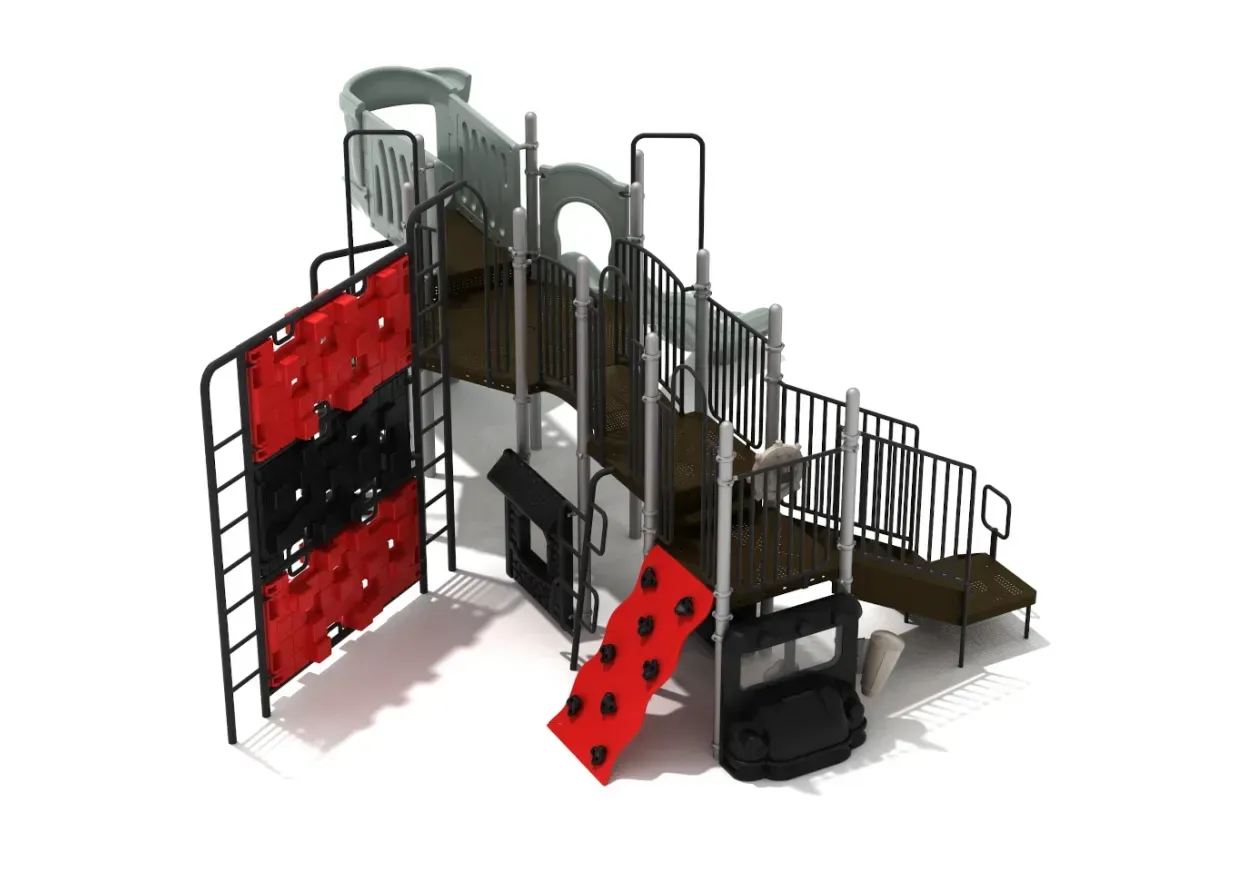 Multilevel playground with red climbing panels, slides, ladders, and railings on a white background