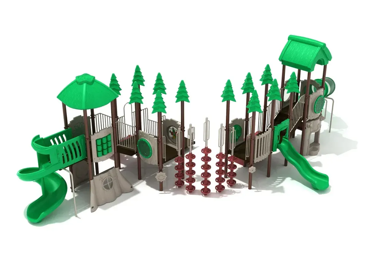 3D model of a green-and-brown playground with slides, climbing towers, trees, and a central play area