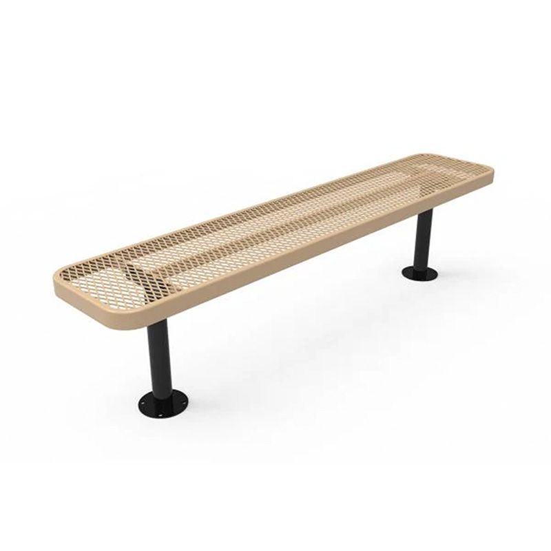 Metal park bench, beige top, black legs, placed outdoors.