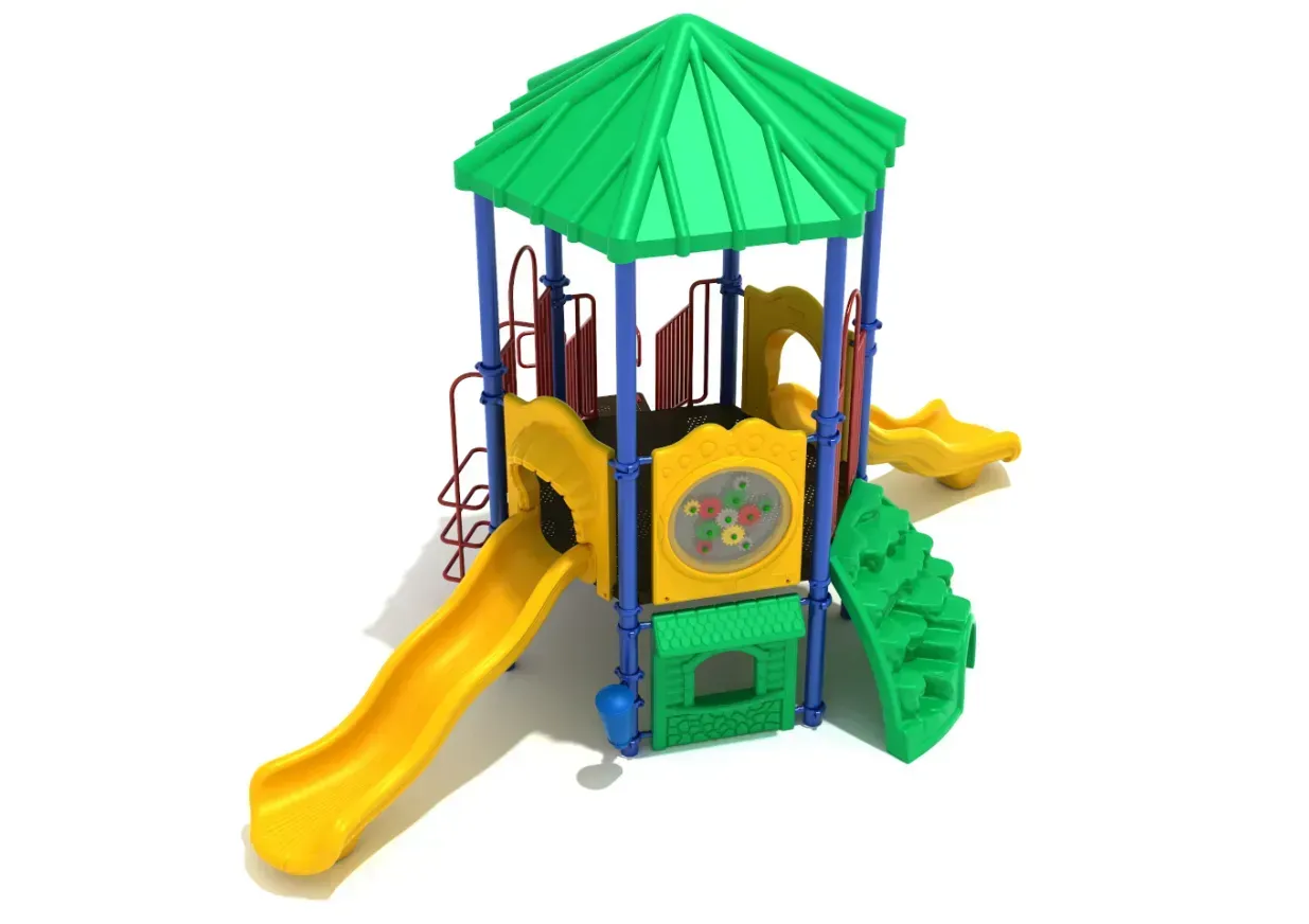 Colorful playground playset with a green roof, yellow slide, and climbing steps