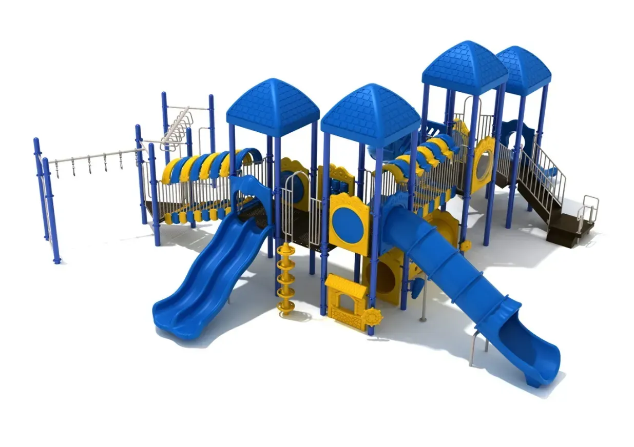 Blue-and-yellow playground structure with slides, climbing platforms, and stairs on a white background