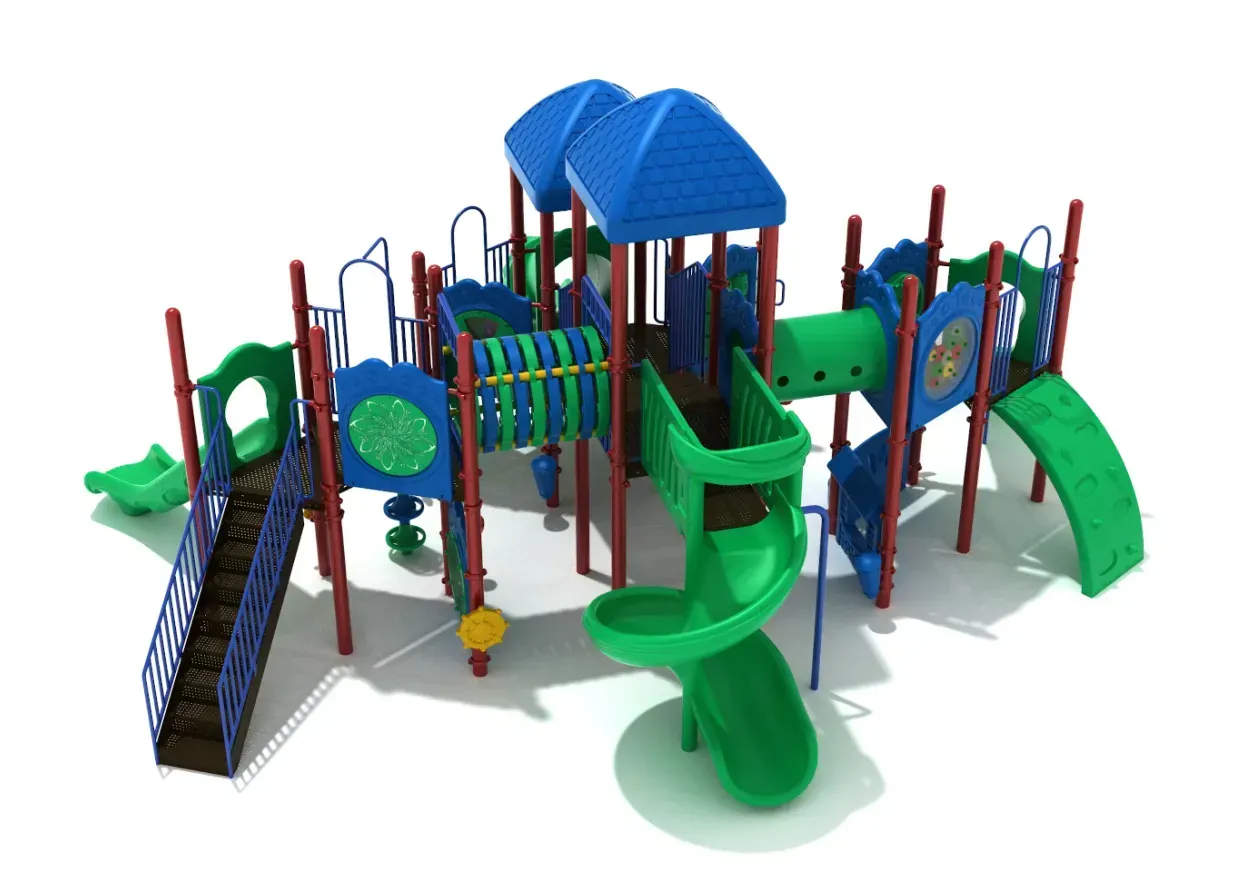 Colorful outdoor playground structure with slides, climbing nets, and blue roofs on a white background
