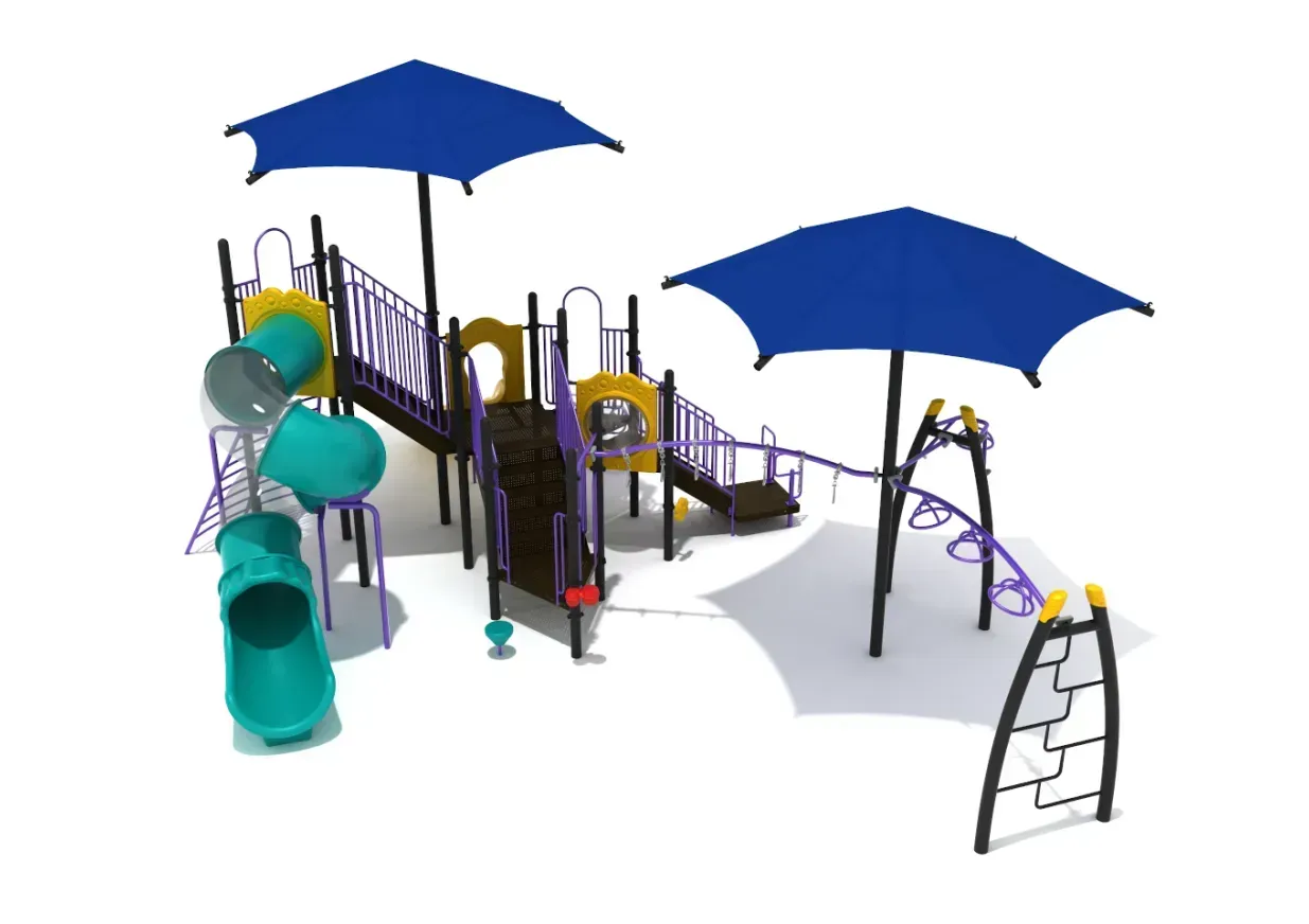 Colorful playground with blue shade canopies, slides, ladders, and climbing structures on a white background