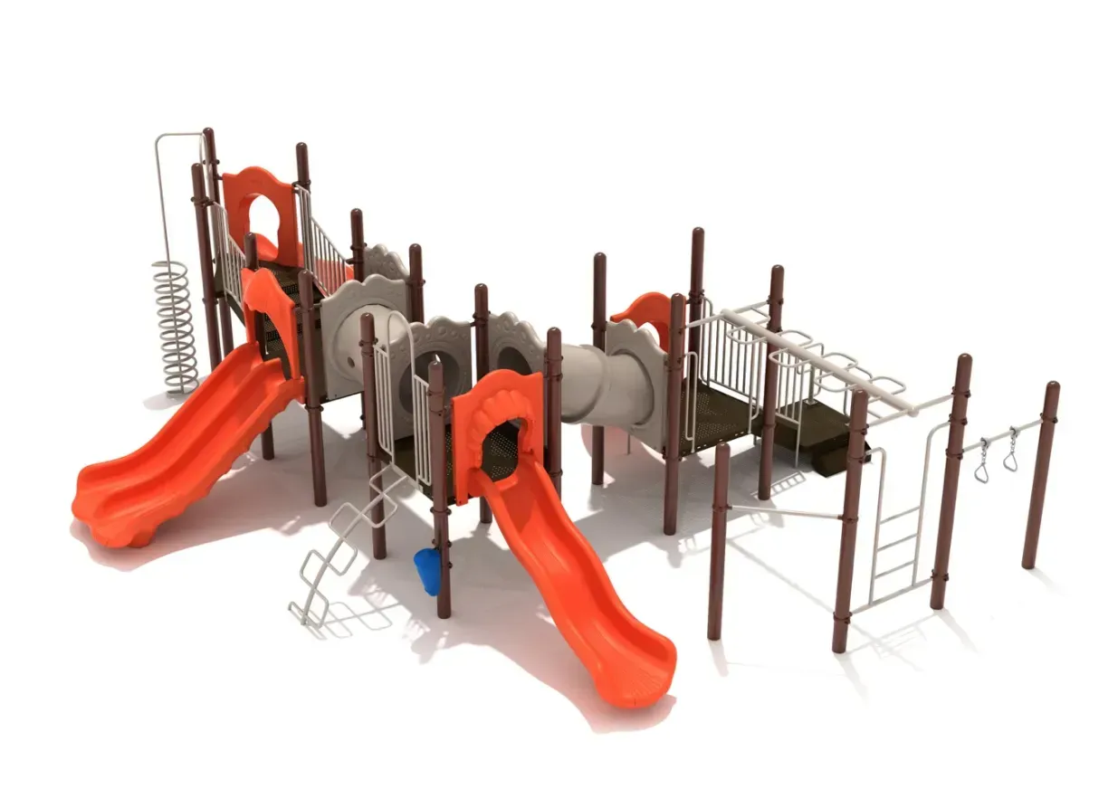 Model of a playground with orange slides, ladders, and climbing structures on a white background