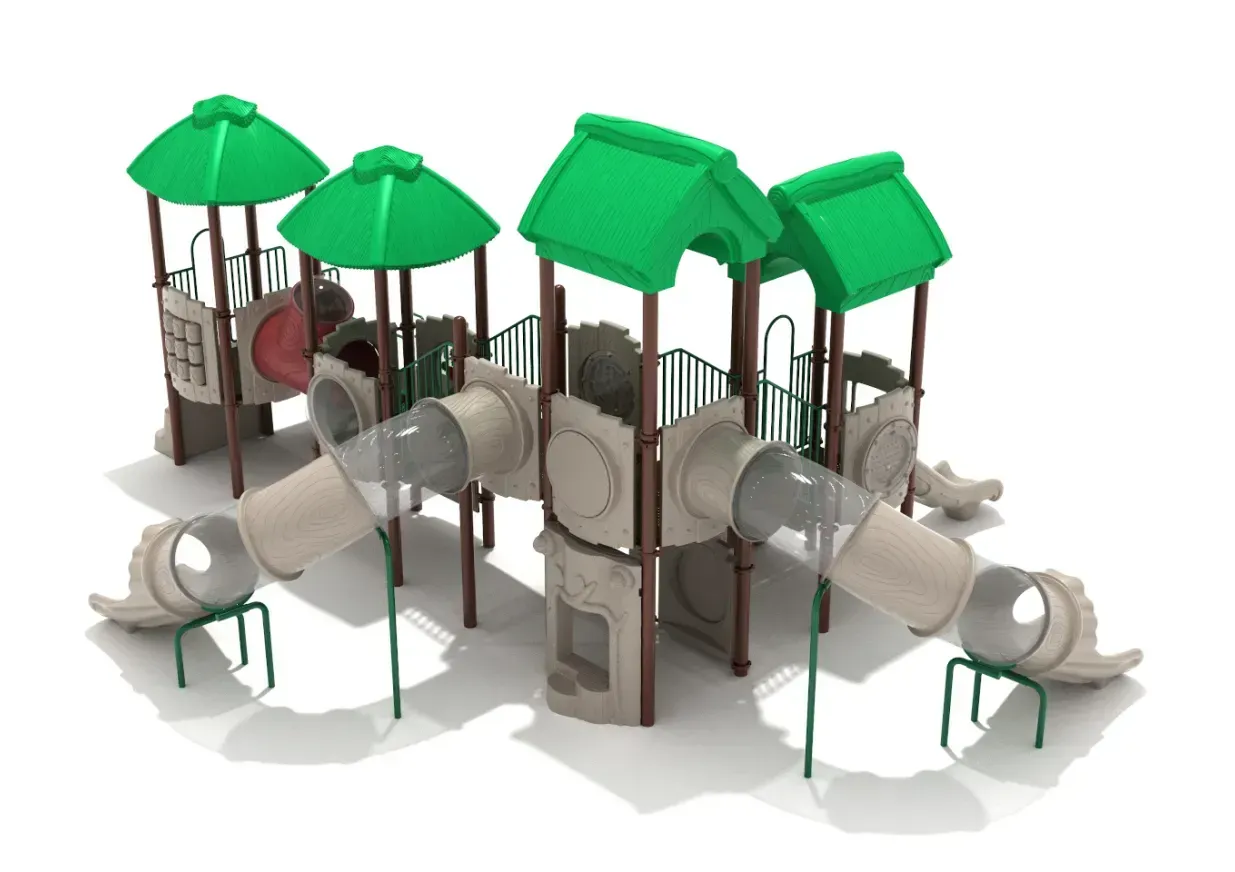 Children’s playground with green-roofed play towers, tunnels, and slides on beige flooring