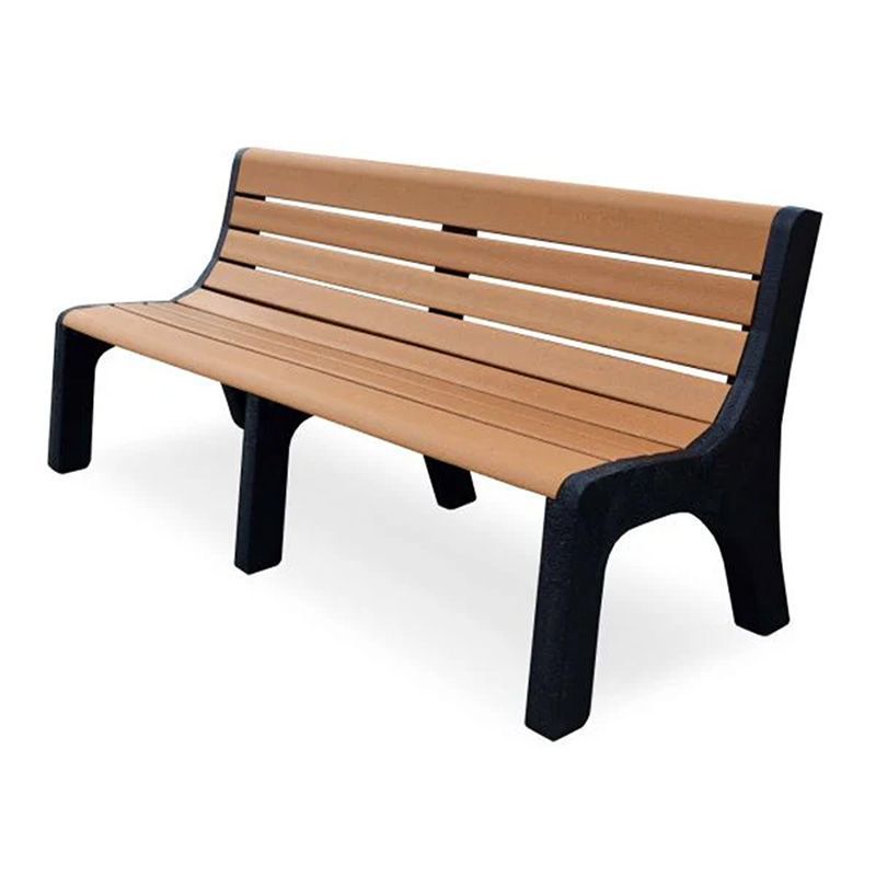 Park bench with tan seat, black legs.