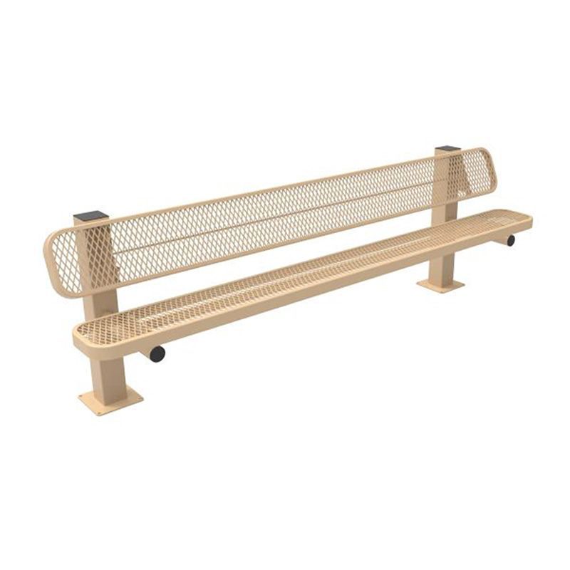 Beige metal bench with a diamond mesh back and seat, likely for outdoor use.