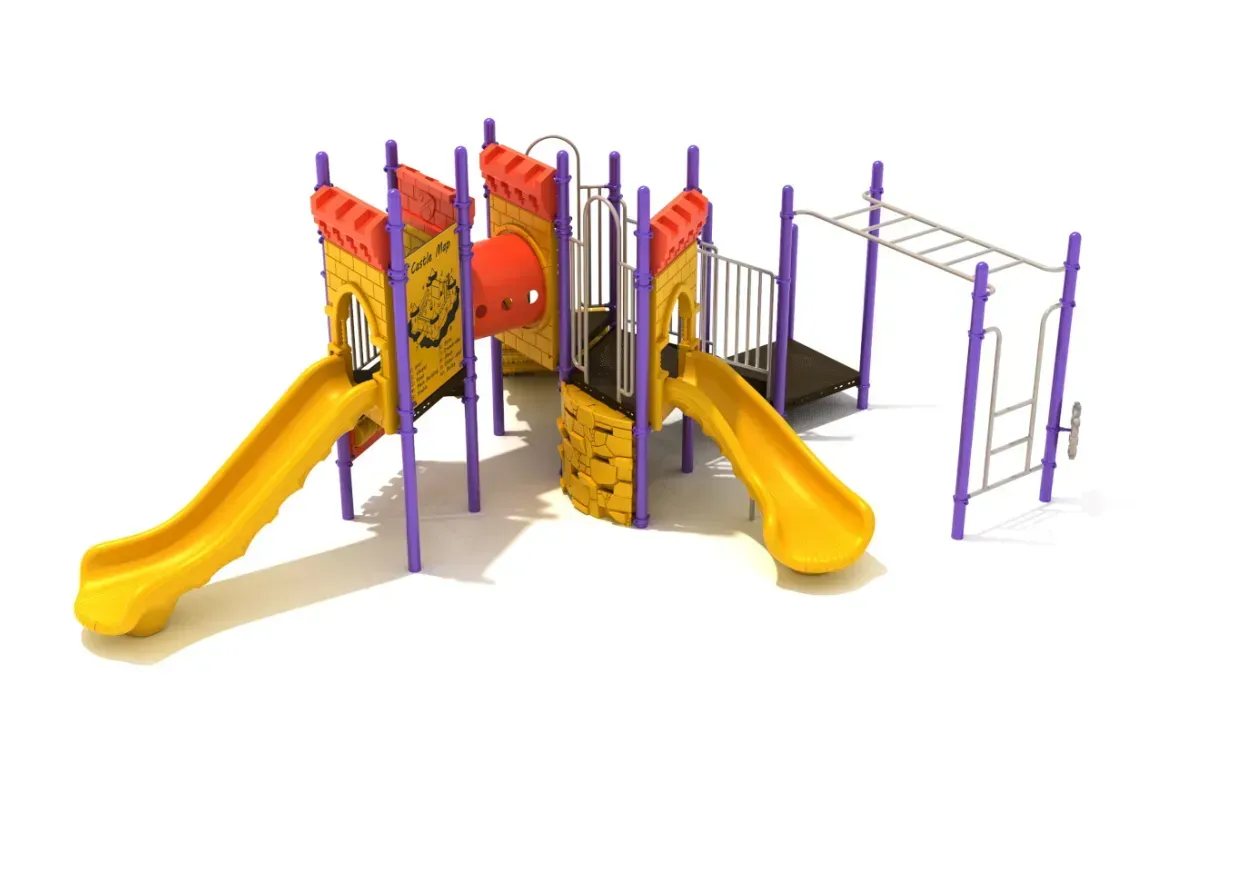 Colorful playground with yellow slides, purple climbing frames, and red play platforms on a white background