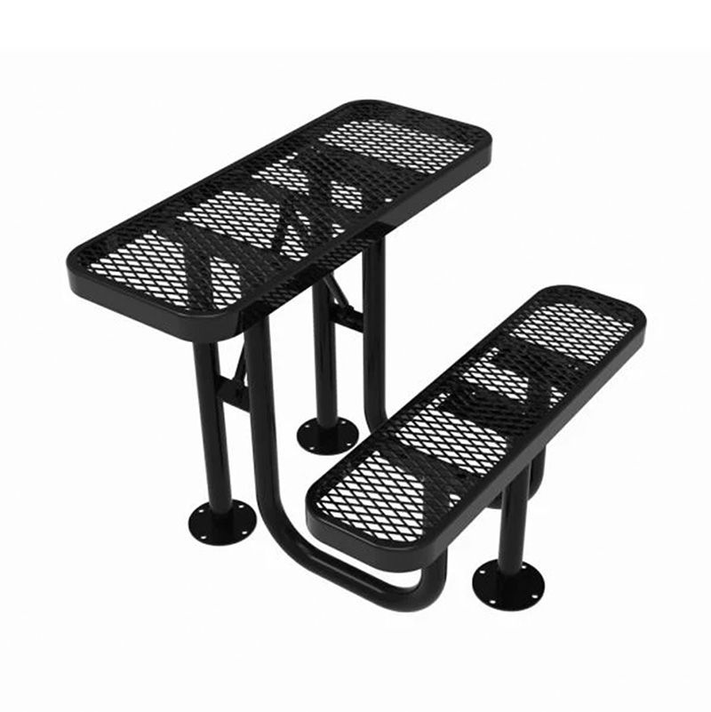 Black metal outdoor table and attached bench with mesh surfaces.