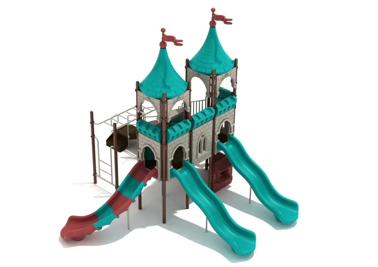 Colorful playground structure with teal towers and slides, including a red slide and climbing stairs