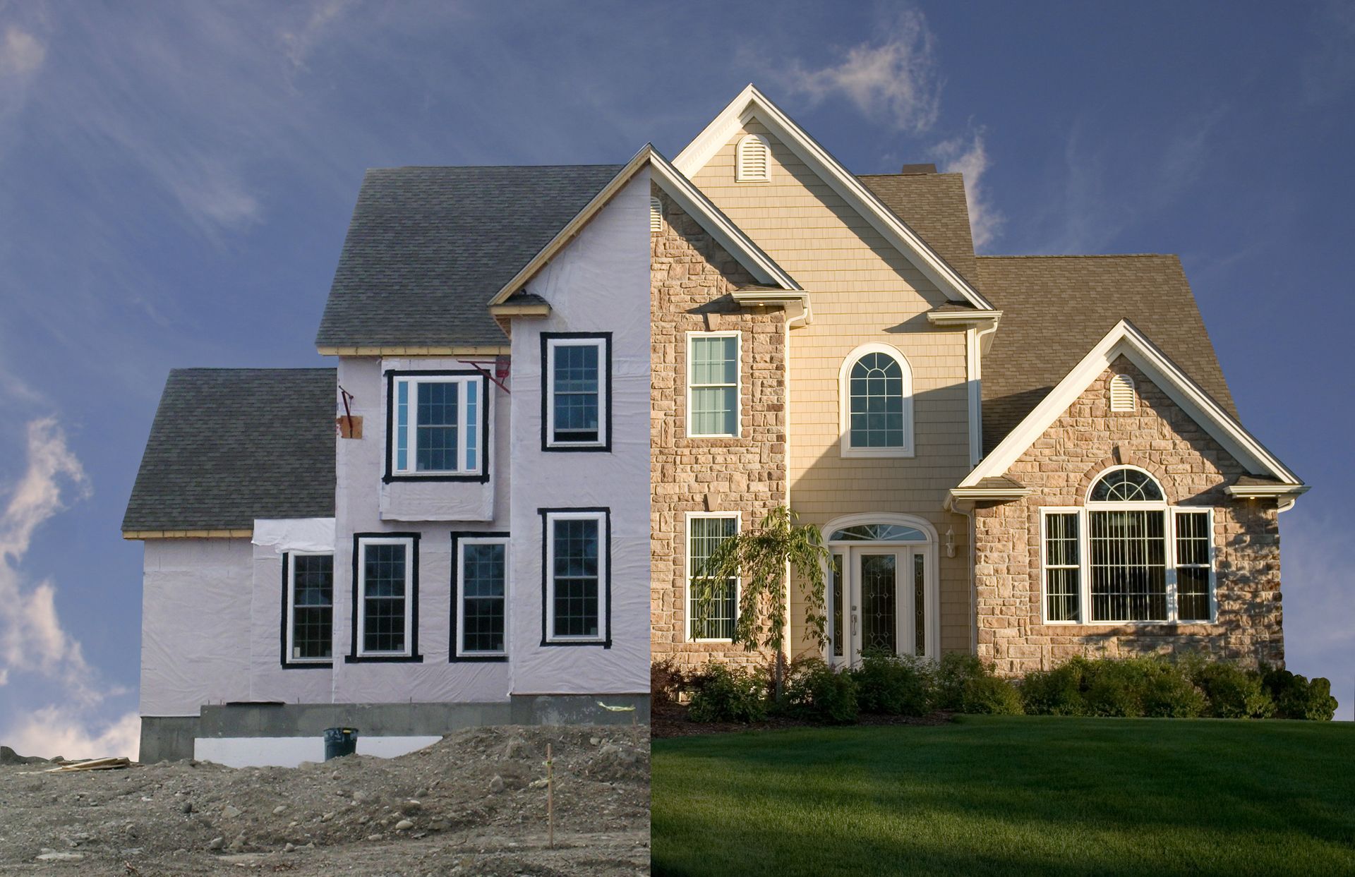 A picture of a house before and after being built