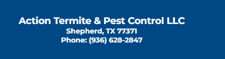 Action Termite & Pest Control LLC in Shepherd, TX, (936) 628-2847, shown in white text on a blue background.