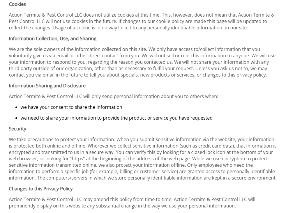 Text from a website privacy policy, including sections on information collection, usage, security, and policy changes.