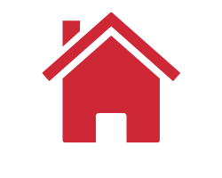 A simple red icon of a house with a chimney and a doorway.