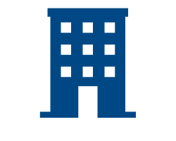 A blue icon of a multi-story building with a square entrance and nine windows arranged in a three-by-three grid.
