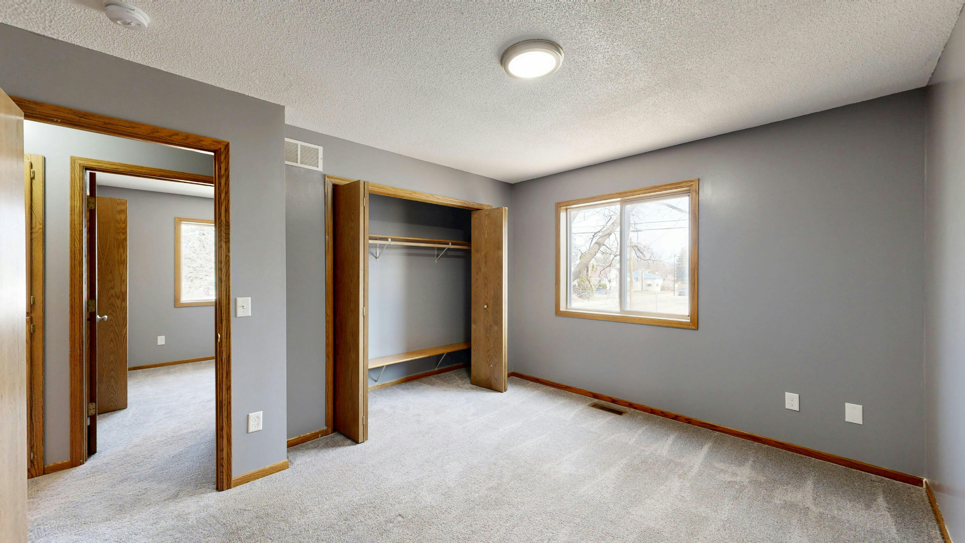 Bedroom with gray walls, beige carpet, and a closet. Light brown door frames and a window.