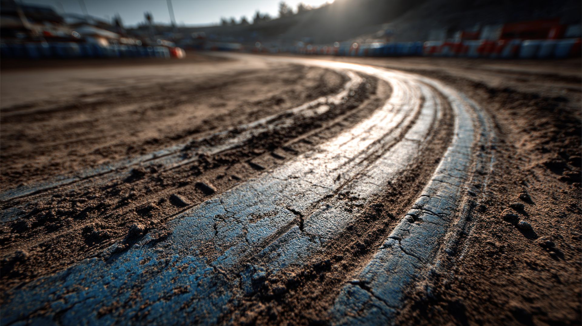 Tire tracks carve a deep, dark curve through a sunlit, dusty dirt racetrack.