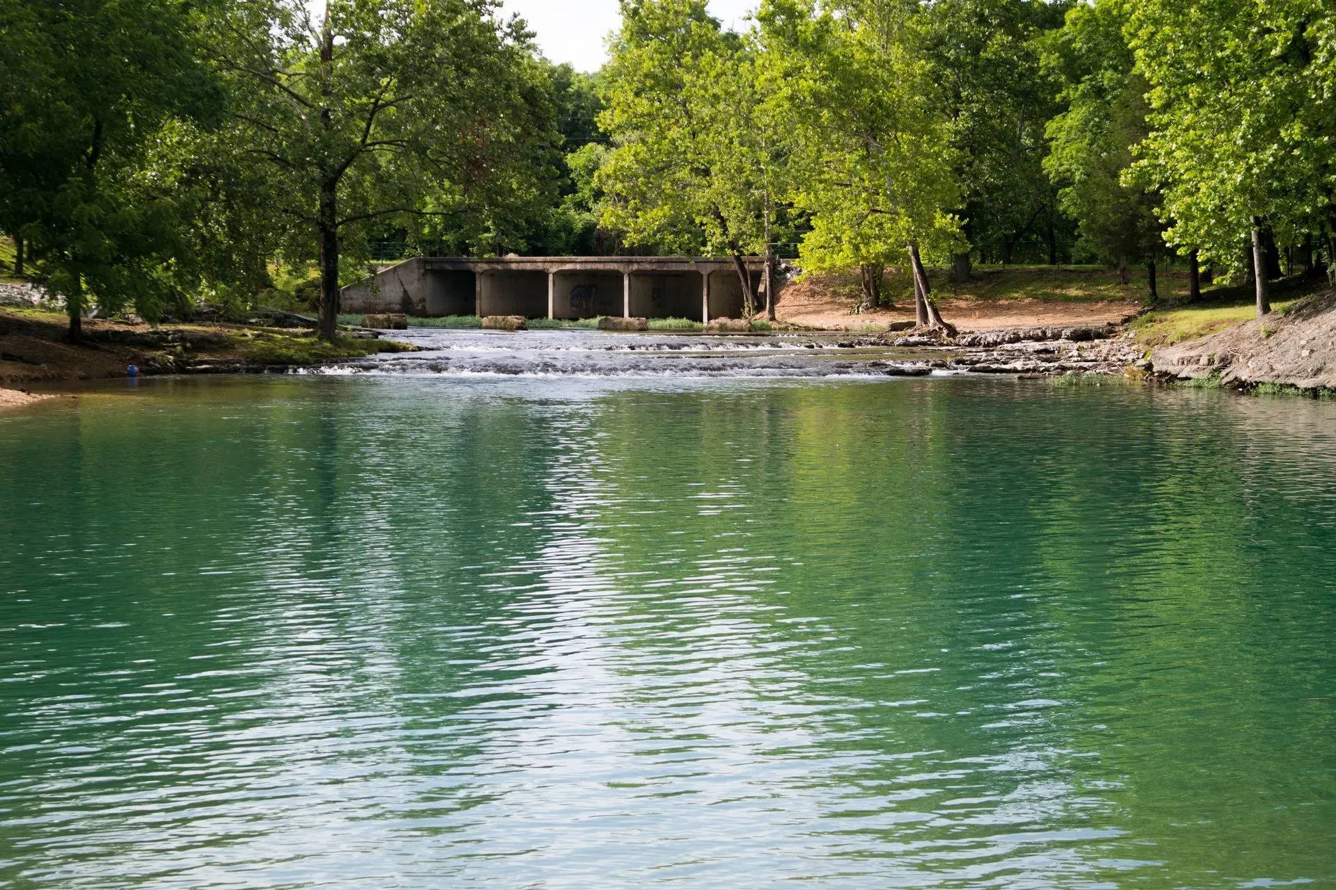 A calm, turquoise river flows toward a concrete bridge surrounded by lush green trees on a sunny day.