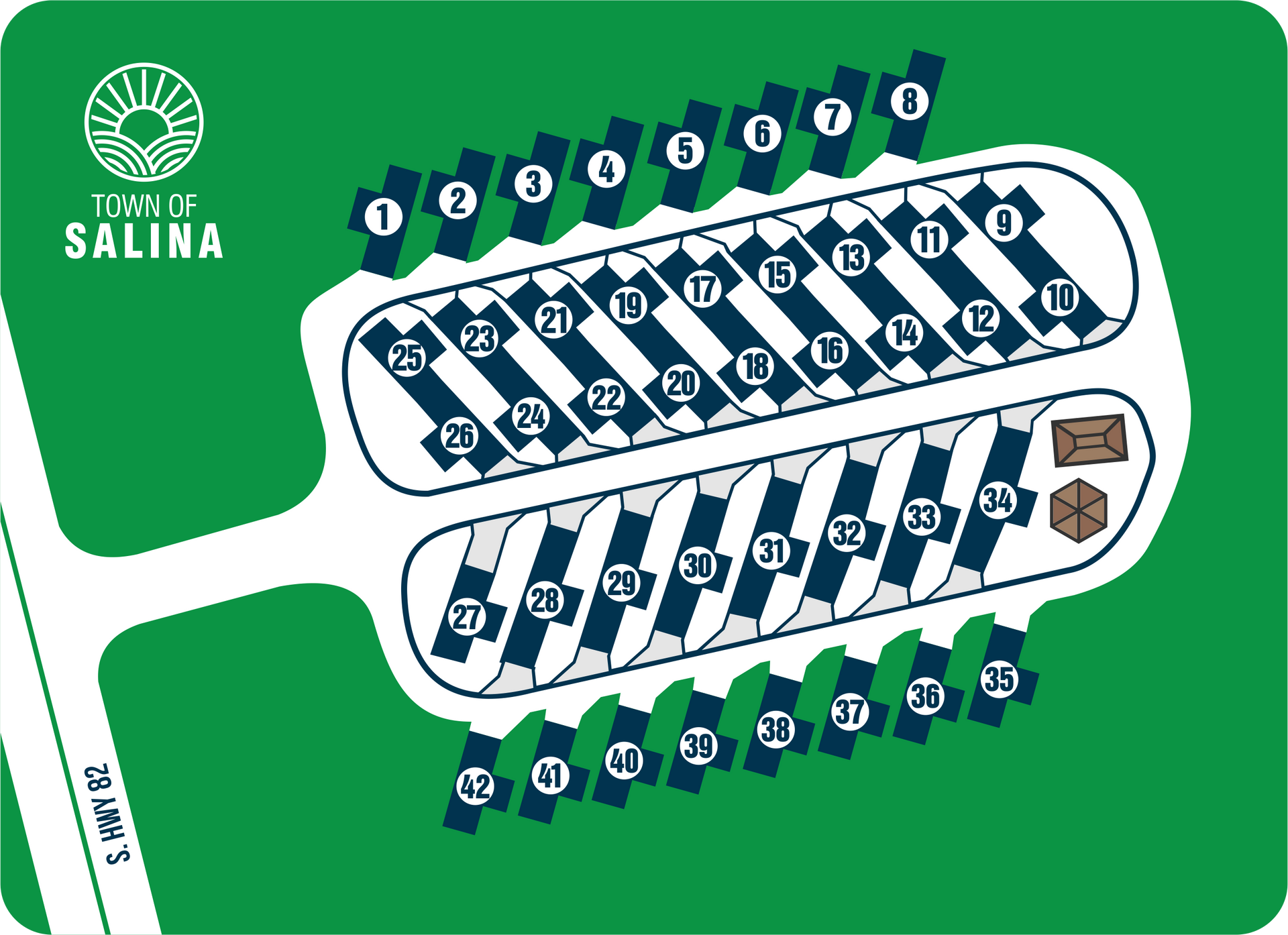 A green map of a Town of Salina parking lot showing numbered parking spots arranged in rows with a central drive.