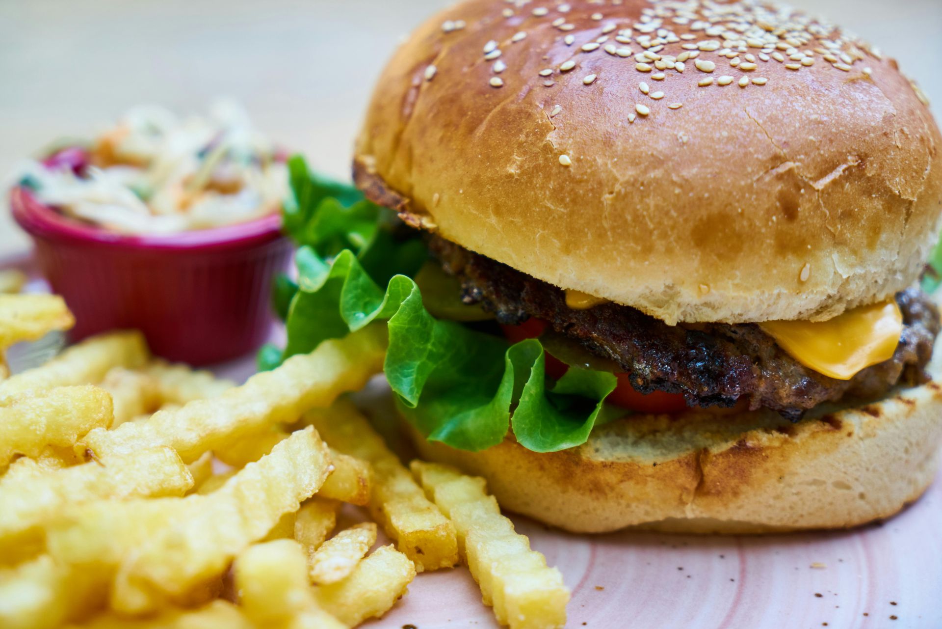 A cheeseburger with lettuce, served with a side of crinkle-cut fries and a small bowl of coleslaw on a light plate.