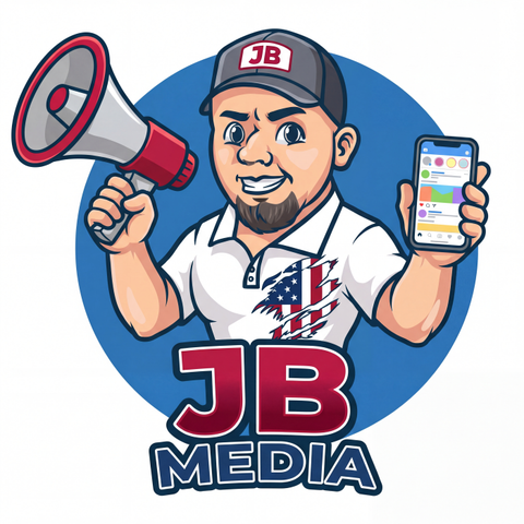 Cartoon of man holding megaphone and smartphone, JB Media logo below.