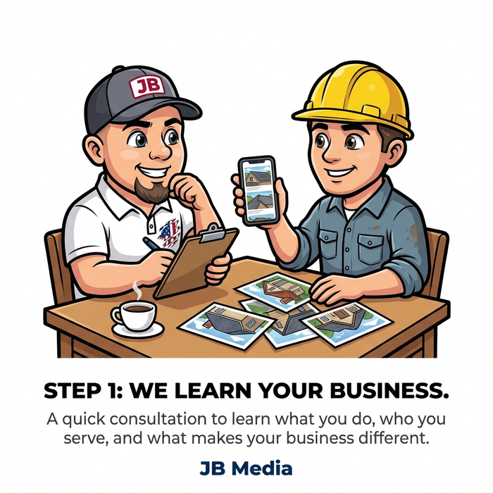 Two men at a table discussing business. One holds a phone with images; the other takes notes. Text: