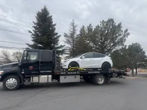 Black tow truck hauling a white car on a flatbed beside trees on a cloudy roadside