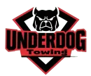 Underdog Towing logo with black bull head in red-outlined diamond and bold black-and-red text
