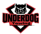 Underdog Towing logo with black bull head in red-outlined diamond and bold black-and-red text