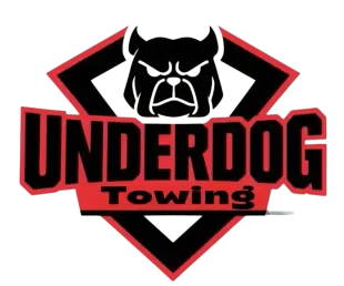 Underdog Towing logo with black bull head in red-outlined diamond and bold black-and-red text