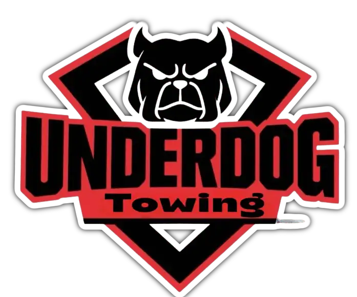Bulldog logo with bold black and red “UNDERDOG Towing” text on a white background
