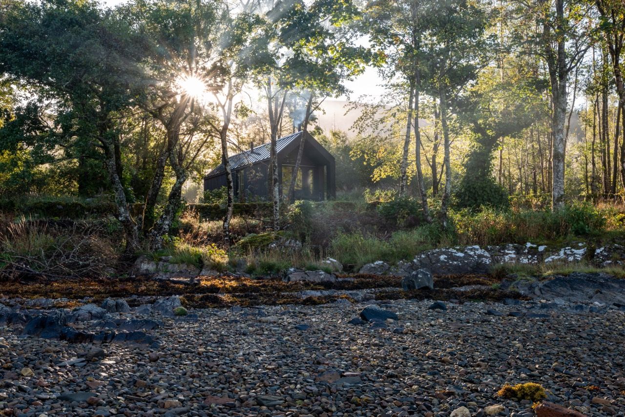 Black Japanese Cabin in Scotland Woods.