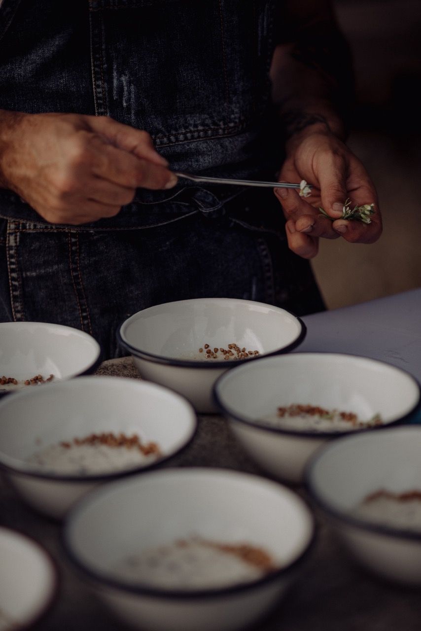 Bowls of food being prepared.