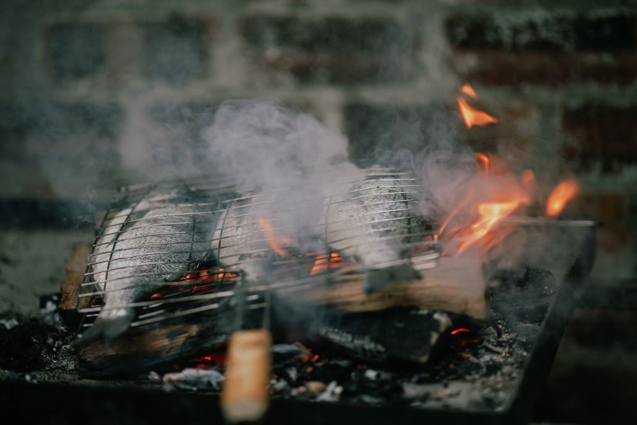 Fish on a grill.
