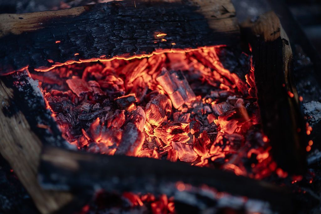 Coals glowing.