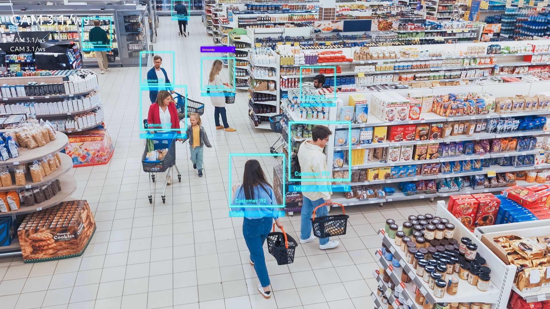 Shoppers with carts in a brightly lit supermarket aisle, surrounded by stocked shelves and refrigerated cases
