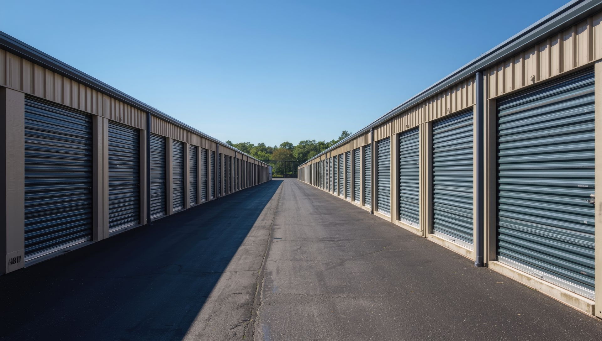 Row of storage units with blue roll-up doors along a paved driveway under a clear sky