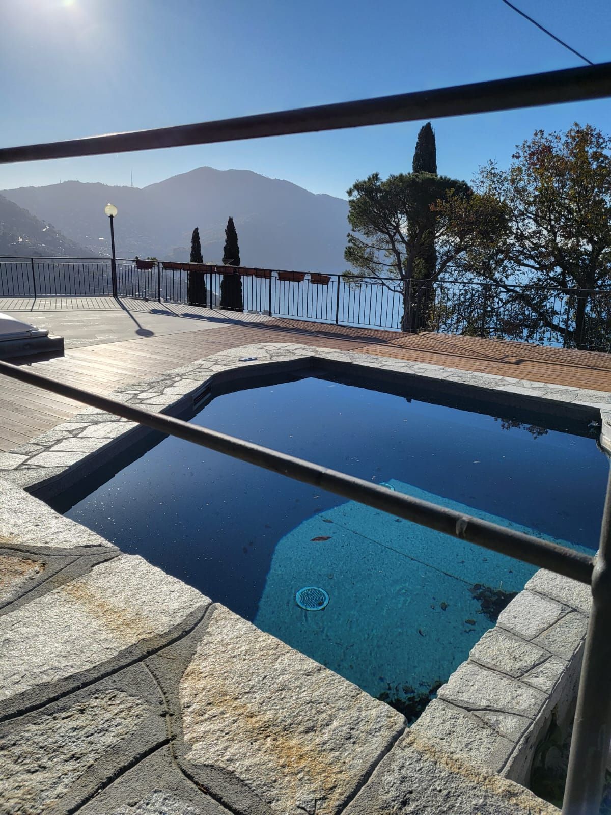 Piscina circondata da pietra, con vista sul lago e sulle montagne. Ringhiera e alberi visibili.