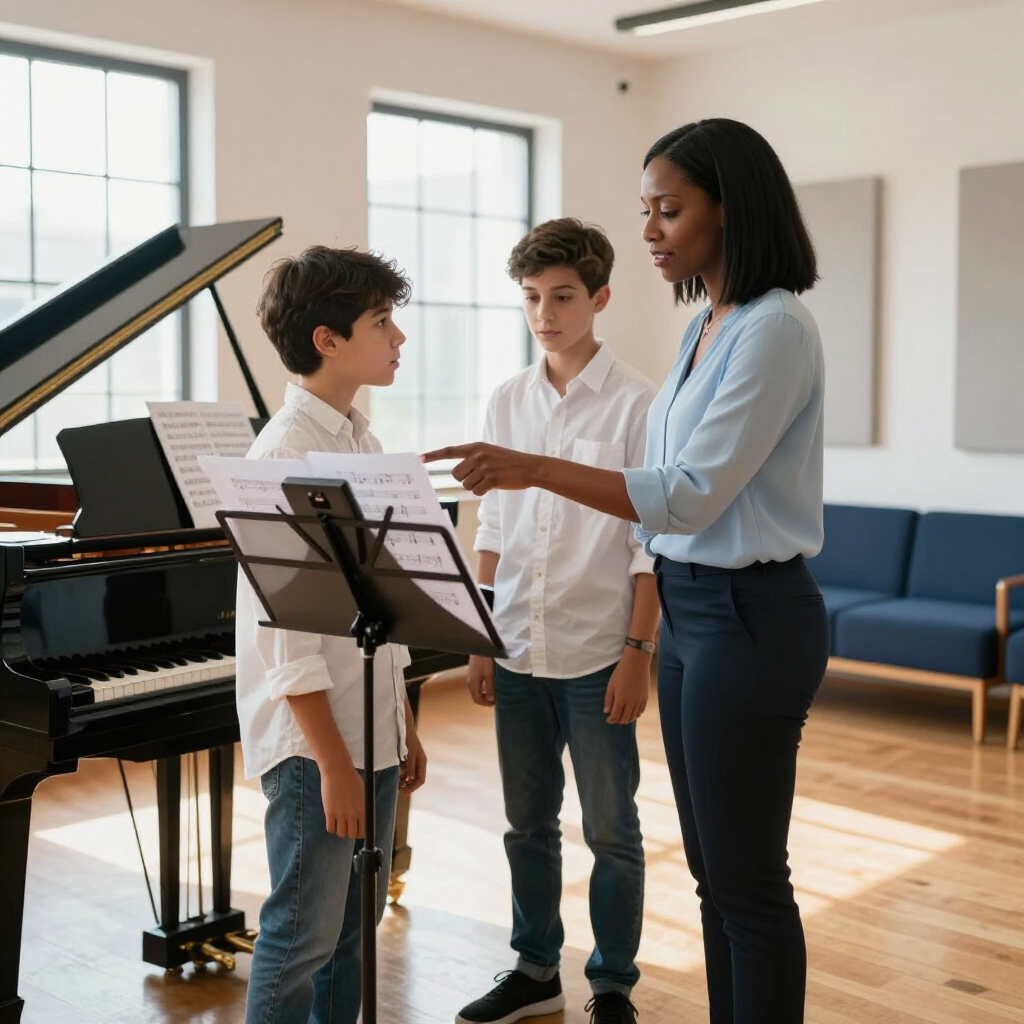 Voice lesson coaching focused on breathing, pitch, and technique