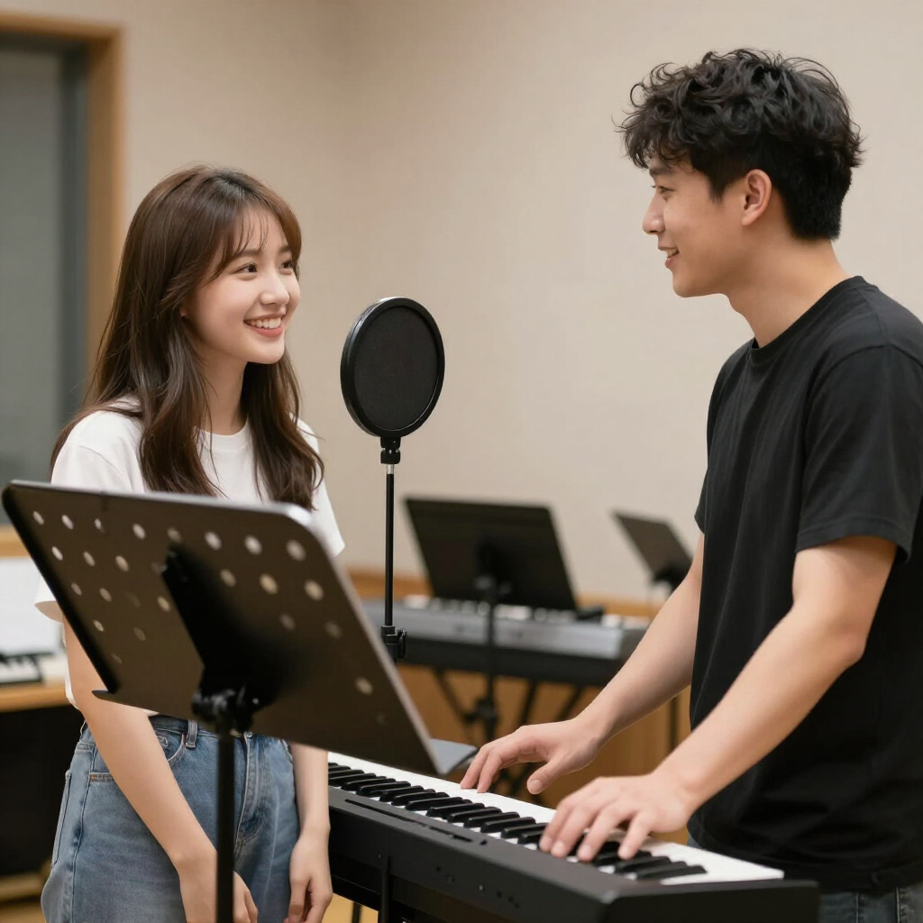 Student practicing singing with a supportive vocal coach