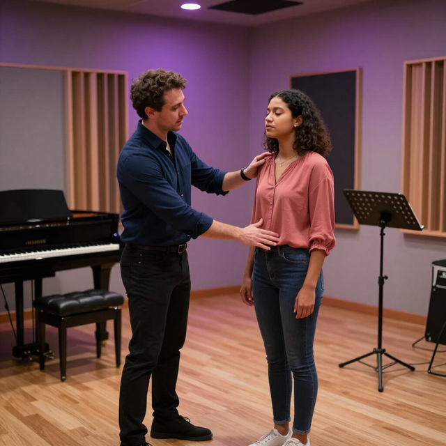 Voice coach guiding a singer in a studio with a piano and music stand