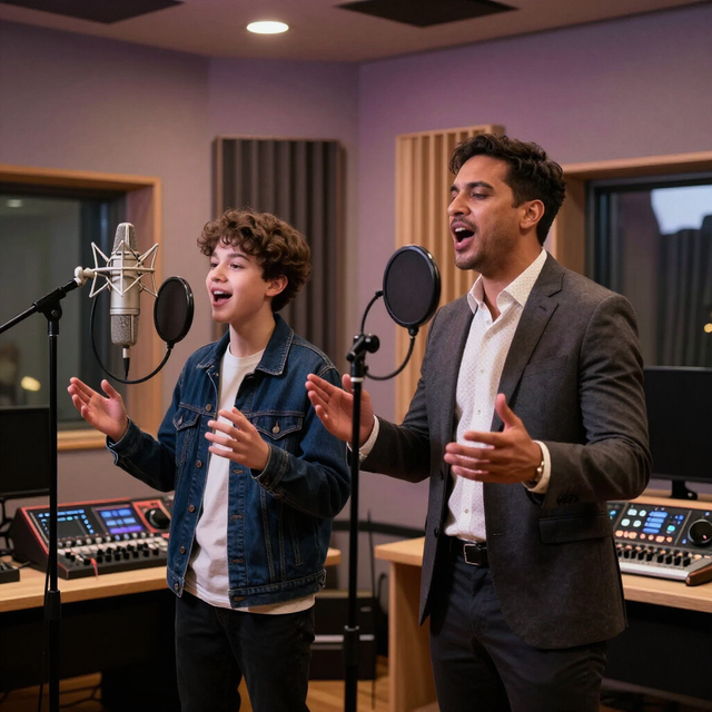 Two singers performing in a recording studio, each at a microphone with hands raised.