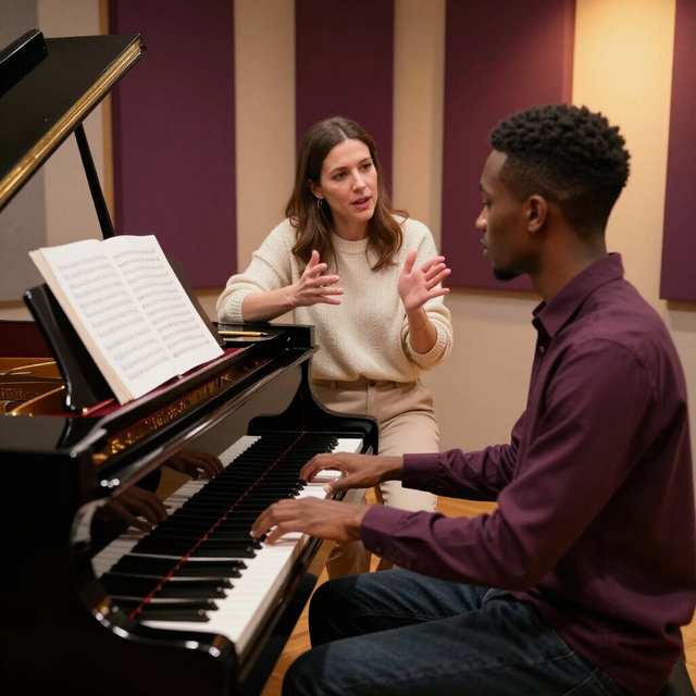 Piano teacher guiding a student at a grand piano in a music studio with sheet music on the stand